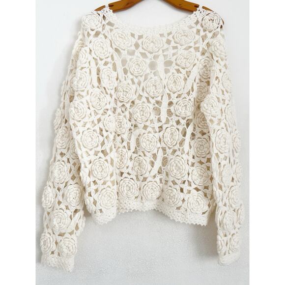 3D Floral Crochet Cardigan Women M Cream White Wool Cashmere Open Knit Relaxed - Picture 2 of 7